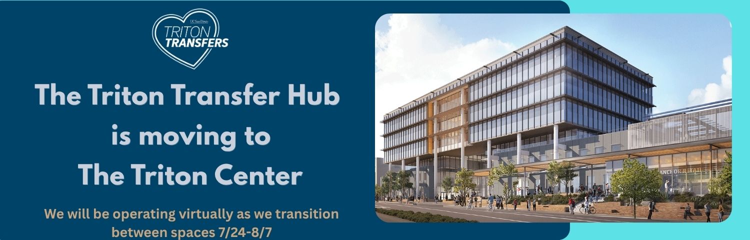 a banner with a picture a new glass building - the photo also states that the Triton Transfer Hub is moving to the Triton Center and will be doing virtual operations 7/29 to 8/7