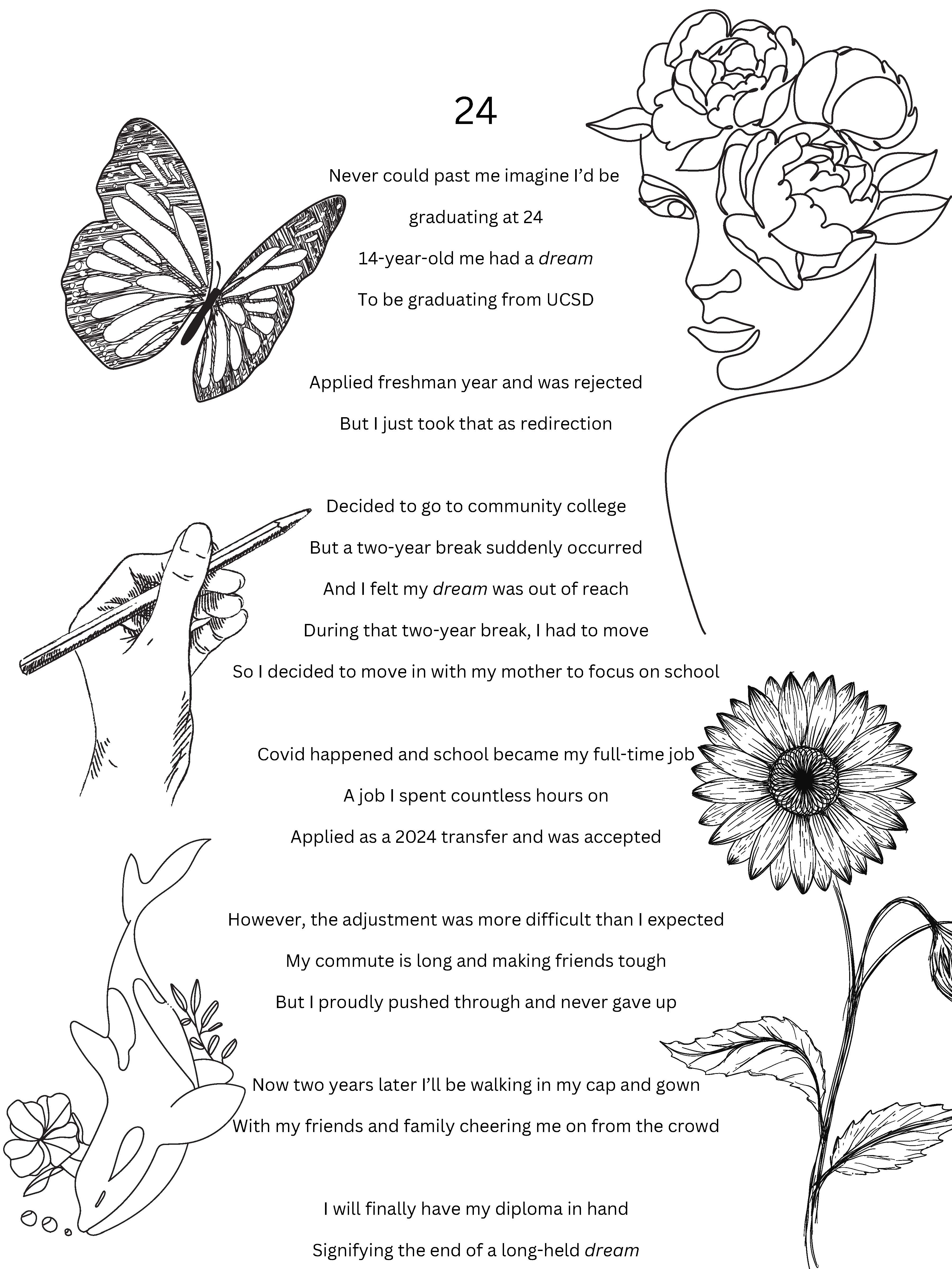 the poem written below surrounded by black outlines of a hand with pencil, butterfly, woman of flowers, sunflowers, and dolphin